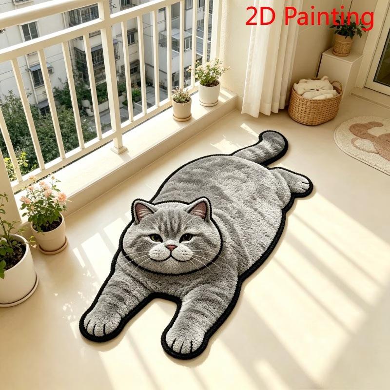Stretching Black Cat Shaped Irregular Floor Mat 2D Realistic Print Non Slip Washable Indoor Bedroom Pet Decor Rug Home
