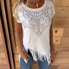 Women T-shirt Round Neck Short Sleeve Tee Shirt with Hot Rhinestones Printing Tassel Hem Solid Color Pullover Tops