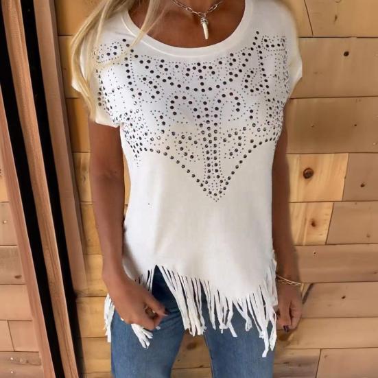 Women T-shirt Round Neck Short Sleeve Tee Shirt with Hot Rhinestones Printing Tassel Hem Solid Color Pullover Tops
