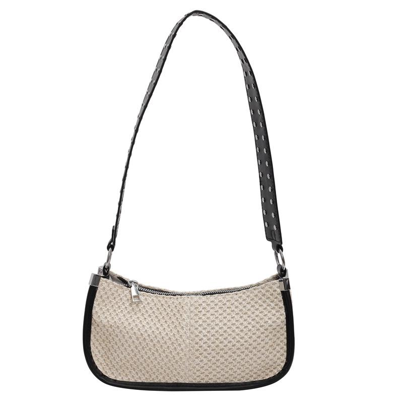 2025 Fashion Patchwork Woven Straw Underarm Bag Rivet Handbags Women Designer Holiday Travel Shoulder Bag With Adjustable Strap