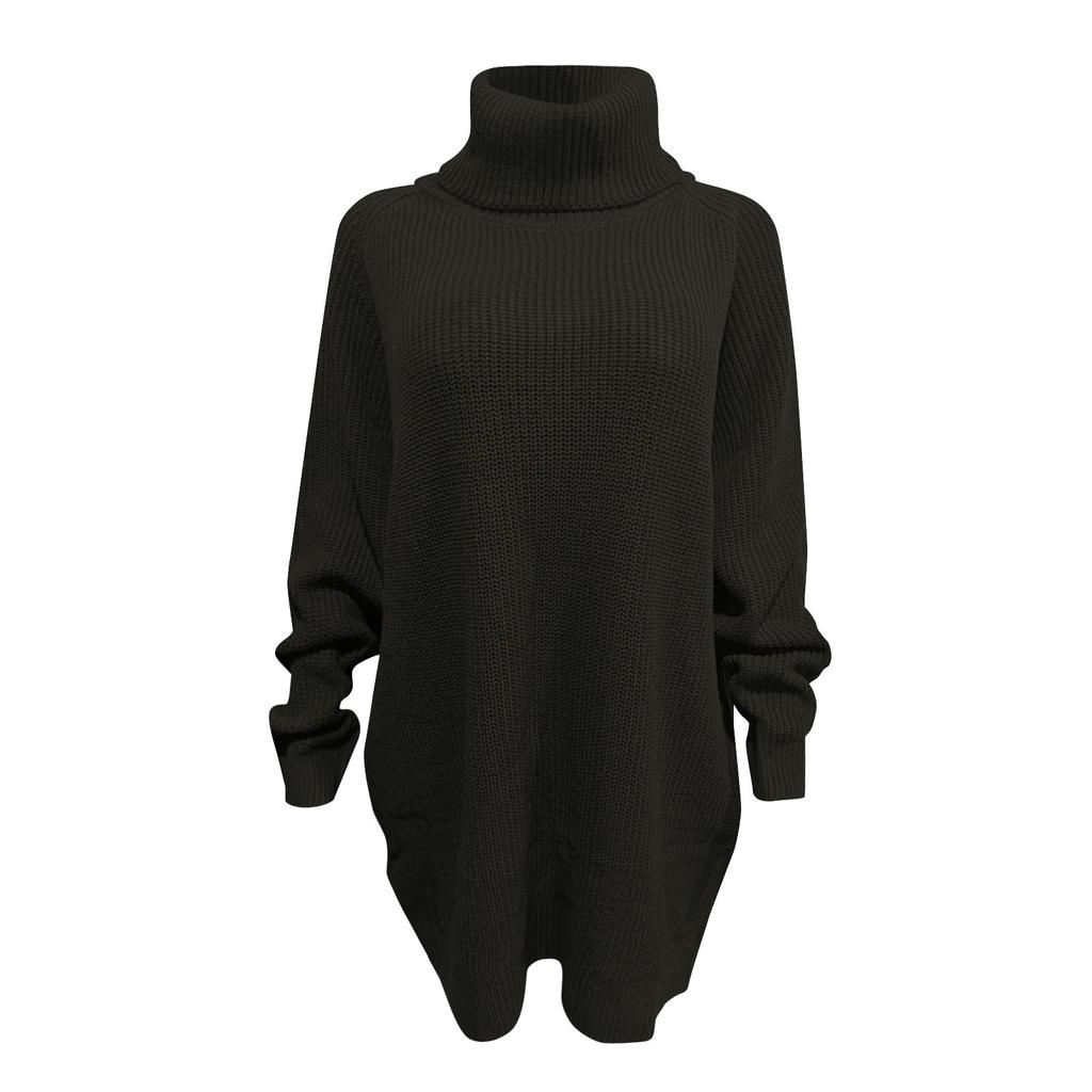 Женский свободный свитер средней длины с высоким воротом и длинными рукавами, однотонный повседневный свитер