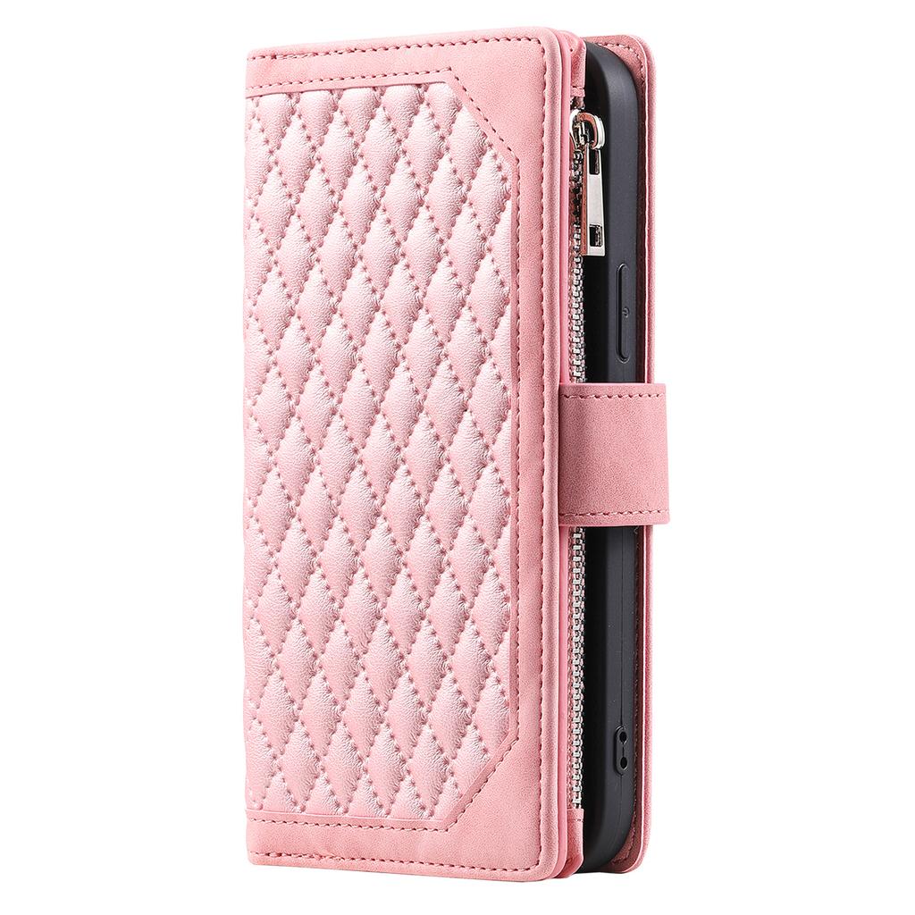 For iPhone 17 Air Wallet Case Rhombus Stitching Line PU Leather Phone Cover with Wrist Strap