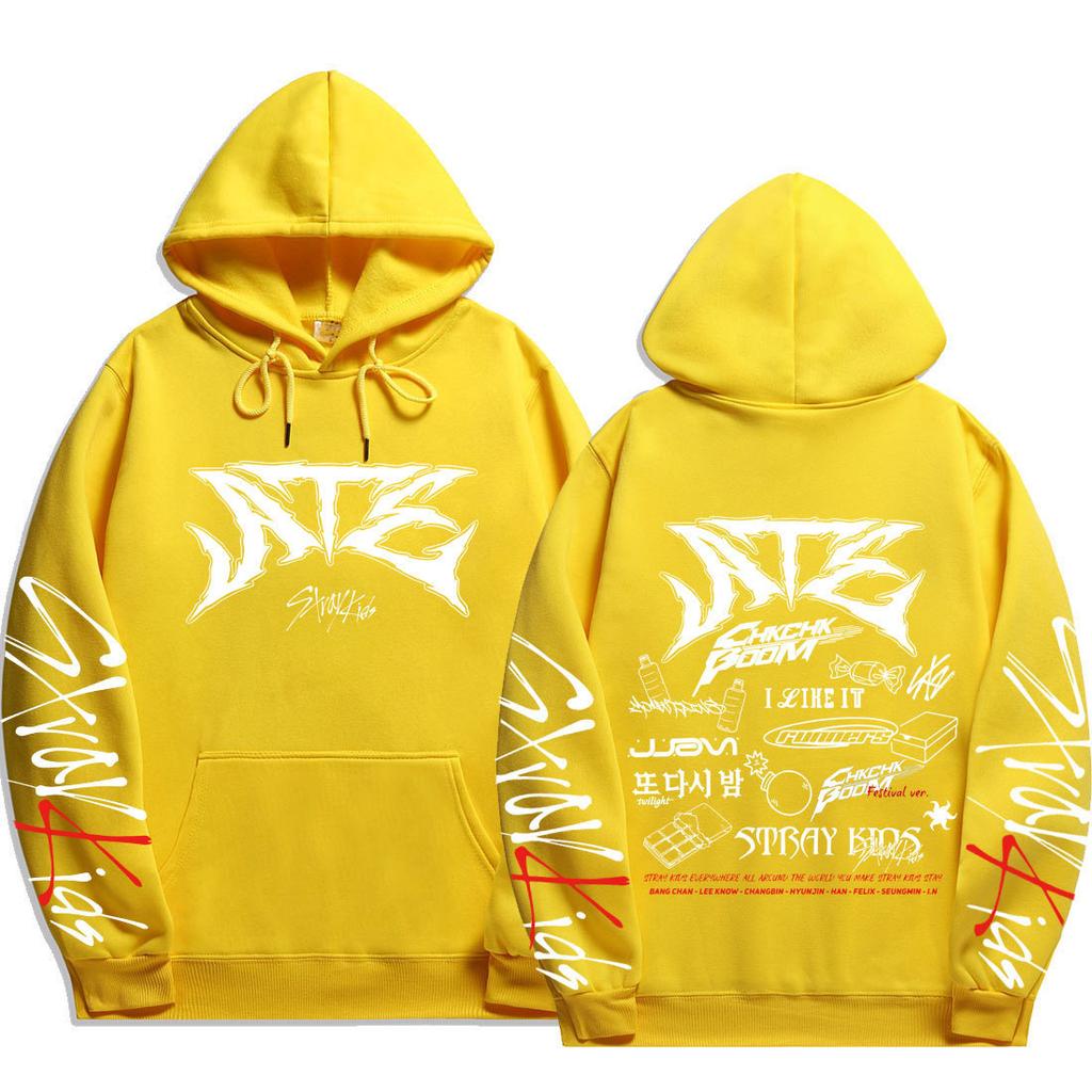 Худи Stray Kids ATE, Белый логотип ATE на груди, Принты на рукавах и ATE с рисунком треклиста Chk Chk Boom и именами участников на спине, Оверсайз пуловер для фанатов K‑Pop