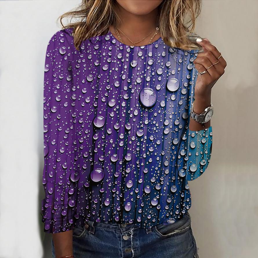 Tops For Women Gradient Water Droplets Print Round Neck Long Sleeve T-shirt Fall Casual Slim Pullover Women's Long Sleeve Top