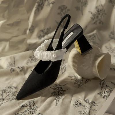 Сандалии Baotou Весна Новые остроносые неглубокие горлышки бисерные кружевные линии с противоскользящими износостойкими высокими каблуками