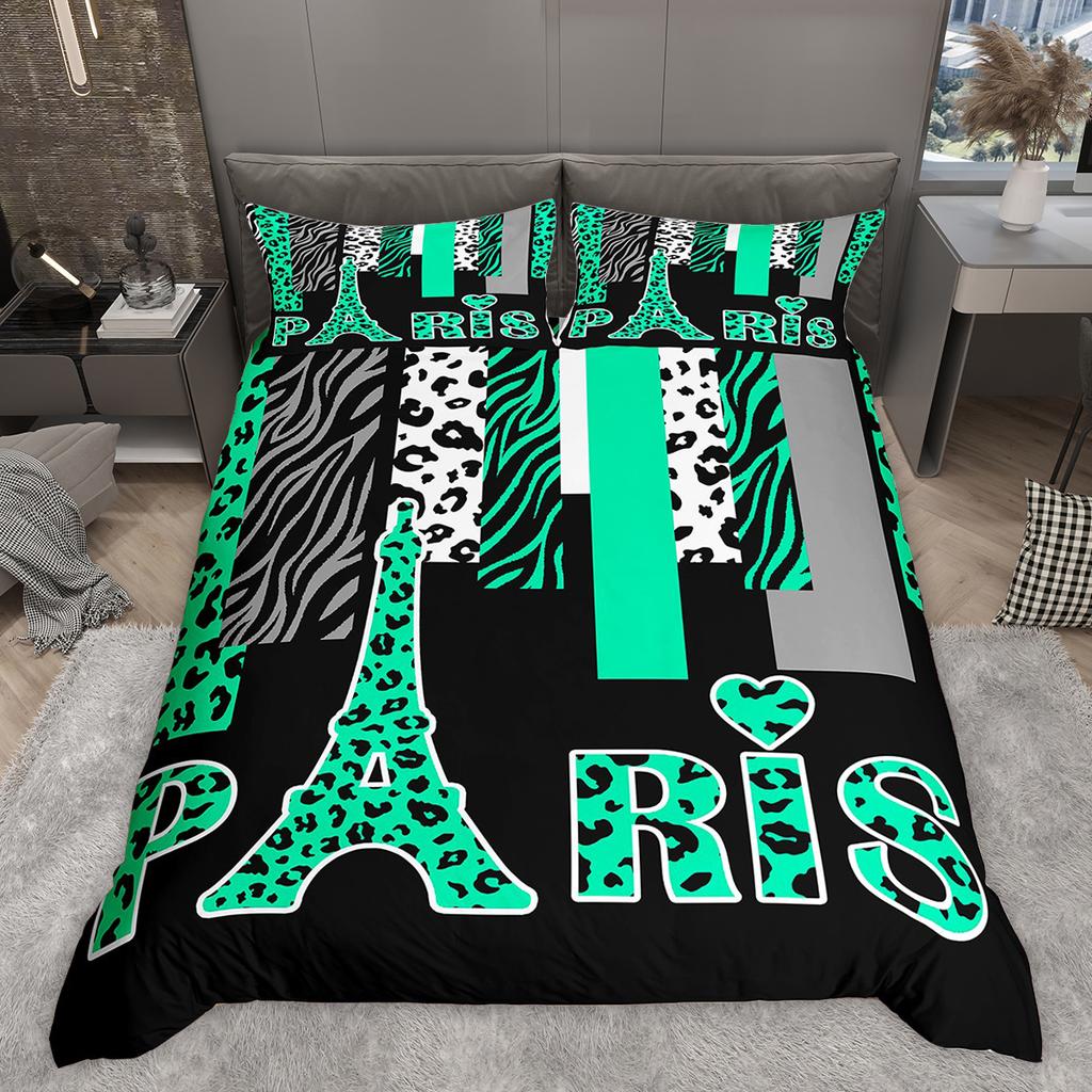 Homewish Romantic Paris Duvet Cover Set, Animal Print Stripes Bedding Set, Star Love Heart Printed Comforter Cover Set