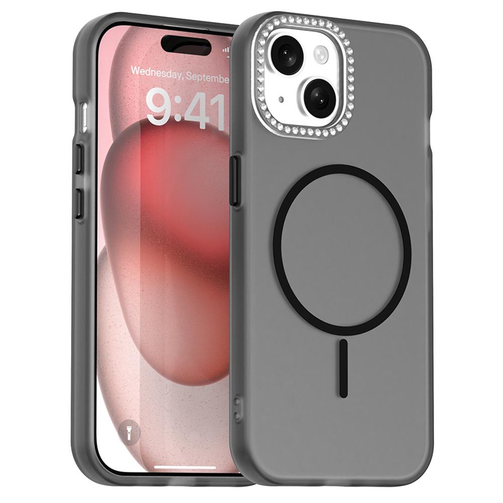 For iPhone 15 Plus/14 Plus Case Compatible with MagSafe TPU+PC+PET Phone Cover Rhinestone Decor Lens Frame