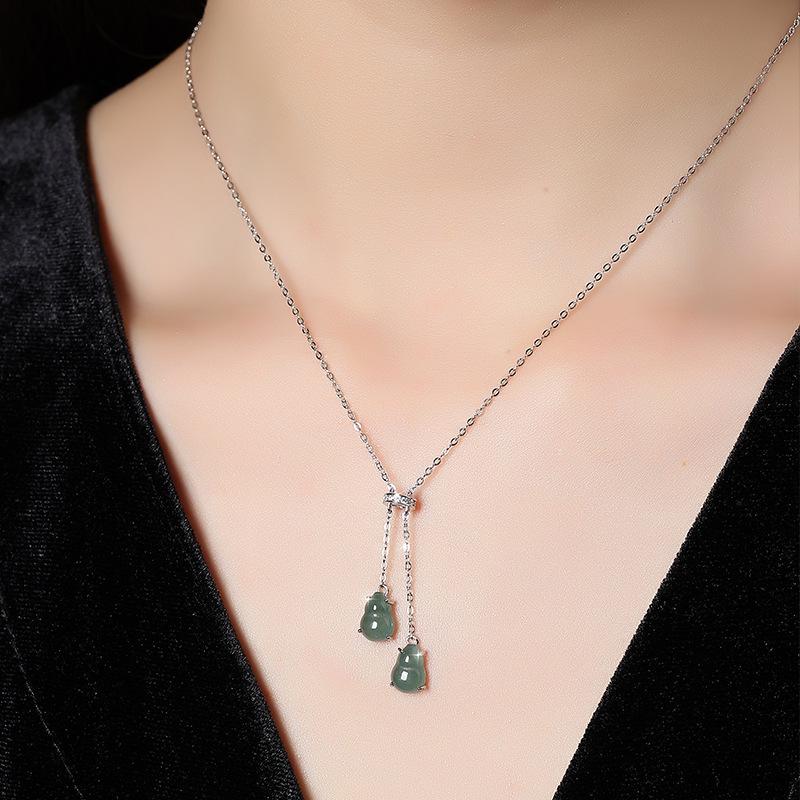 New Chinese Style Natural Blue Water Jadeite Double Gourd Pendant S925 Pure Silver Necklace Women Premium Clavicle Chain