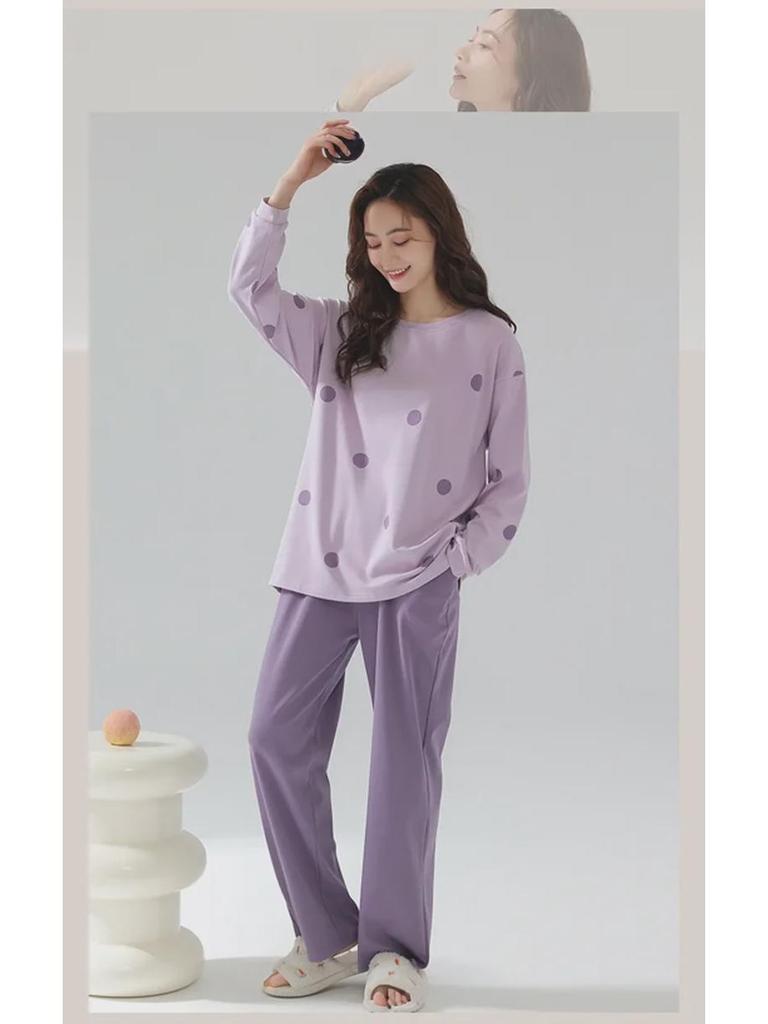 Женская осенняя пижама с длинными рукавами и рисунком из мультфильмов, с нагрудными накладками - тонкий хлопок для ношения в помещении и на улице весной, осенью и зимой