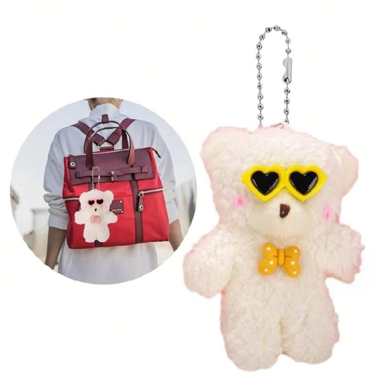 Adorable Furry Keyring Glasses Blush Bear Keychain Animal Shaped Backpack Charm