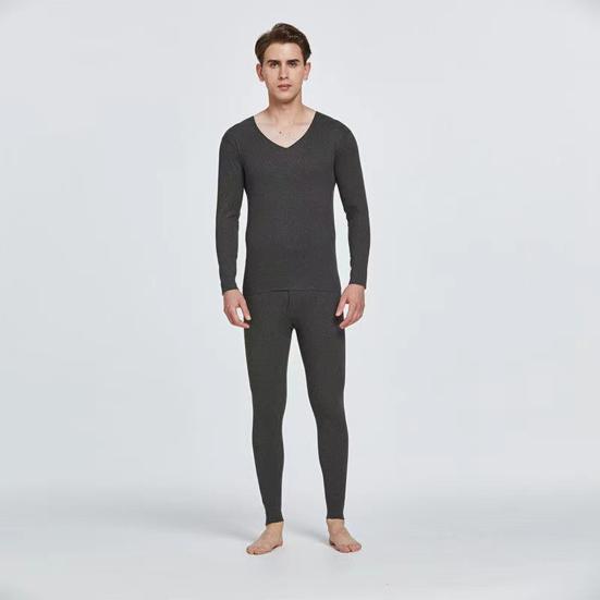 2 шт./компл., мужской однотонный комплект термобелья, двусторонний замшевый топ с v-образным вырезом и длинными рукавами, облегающий комплект с высокой талией и длинными брюками