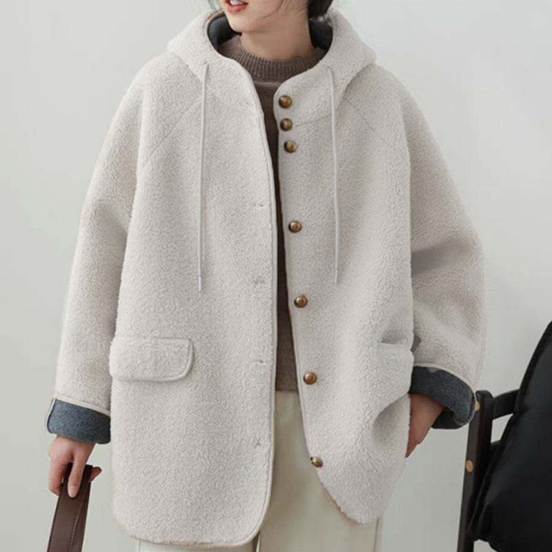 Женские свободные куртки с капюшоном из овечьей шерсти, повседневные однобортные толстые пальто, зимнее теплое пальто с длинным рукавом из гранулированного бархата