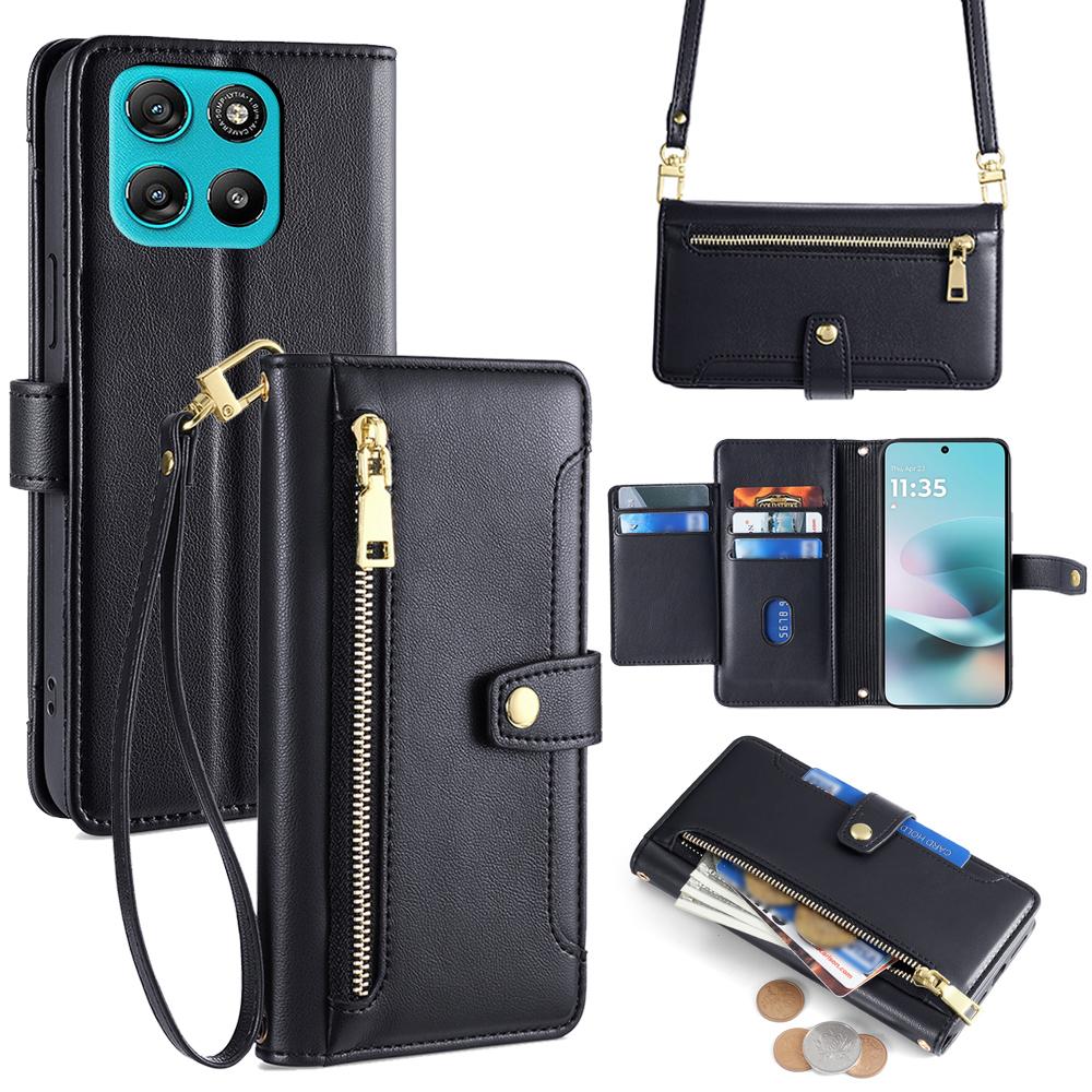 For Motorola Moto G67 Power 5G Leather Case Zipper Pocket Wallet Phone Cover with 2 Straps