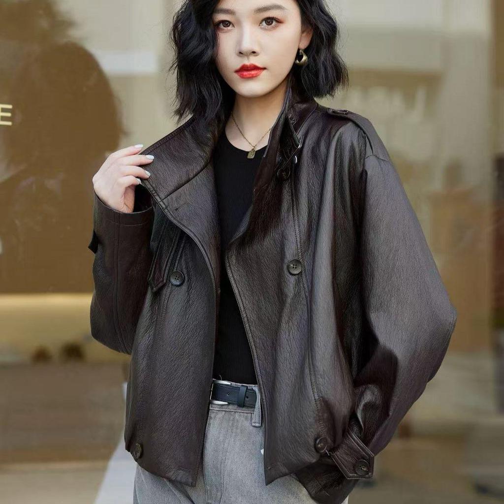 Женская осенняя кожаная мотокуртка в американском стиле 2025 года со стойкой