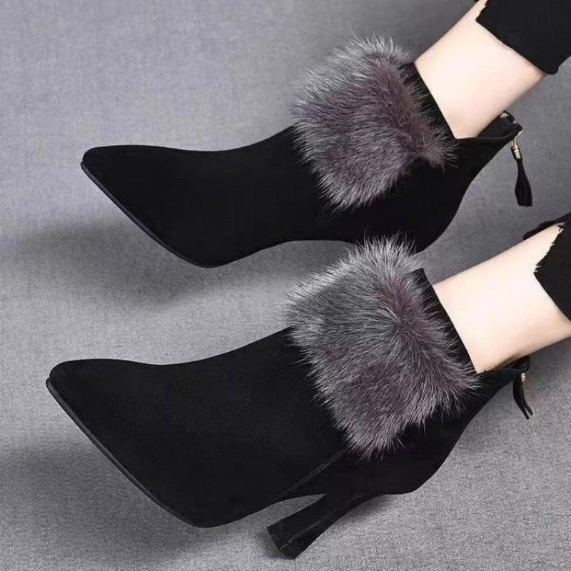 Fleece Warm High-heeled Short Boots Winter New Small-heeled Stiletto Temperament Pointed-toed Versatile Fashion Cotton Boots