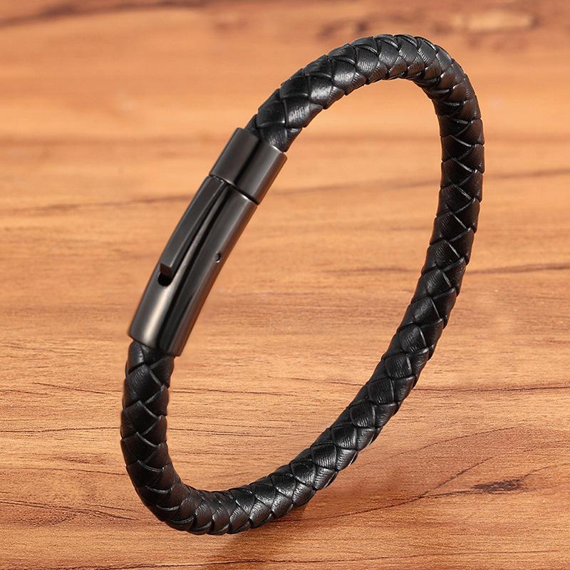 Simple Hip-hop Titanium Steel Braided Leather Bracelet Black Stainless Steel Punk Men's Bracelets Casual Sports Cycling Jewellery Accessories