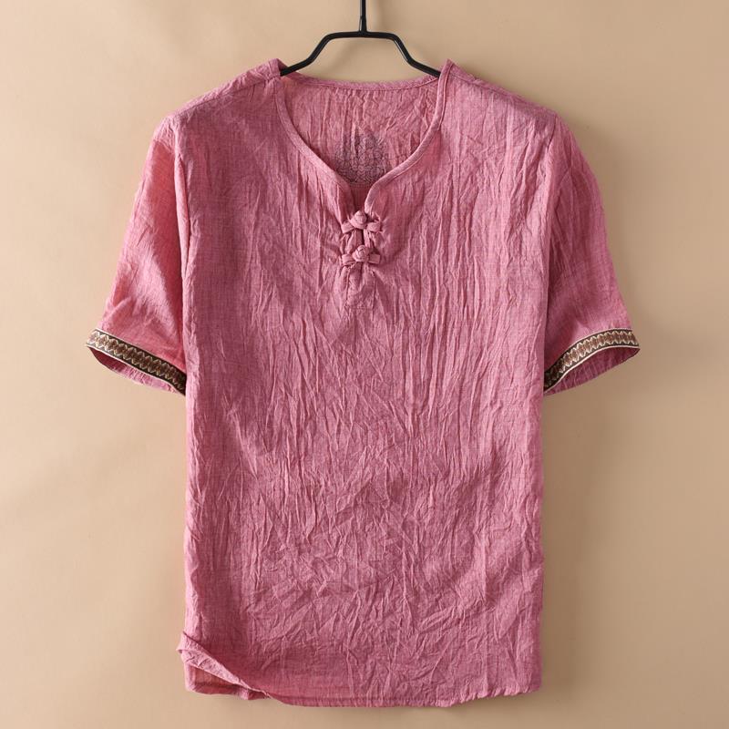 Мужская футболка в китайском стиле, винтажная, с принтом, из хлопка и льна, летняя, мужская, повседневная, с V-образным вырезом, с коротким рукавом, дышащая, топы, Ropa Hombre M-5XL