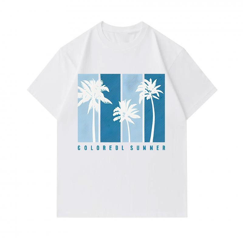 Men's 100% Cotton Crew Neck Short Sleeve T-Shirt, Casual Retro Palm Tree Colored Summer Print Comfortable Breathable Daily Wear Top for Summer Vacatio