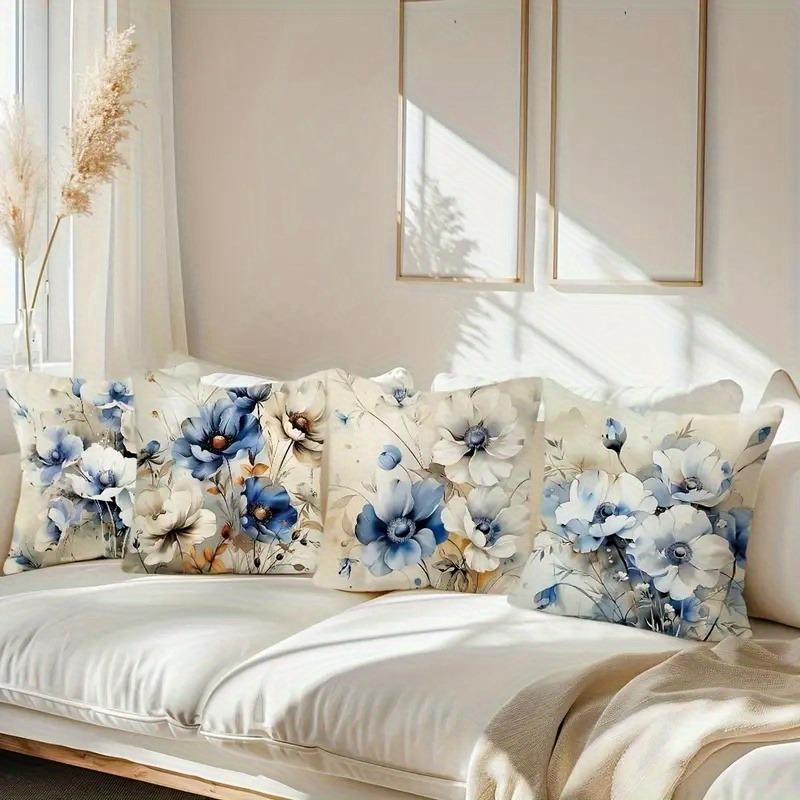 Soft Blue Anemone Watercolor Pillowcase: Minimalist Floral-Themed Cushion Cover For Home Sofa Decor