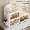 Stackable Tableware Storage Box Multi-Tier Dinnerware Organizer with Clear Lid Doors Hooks Dishes Plates Cups Storage Bins with Drainage Tray