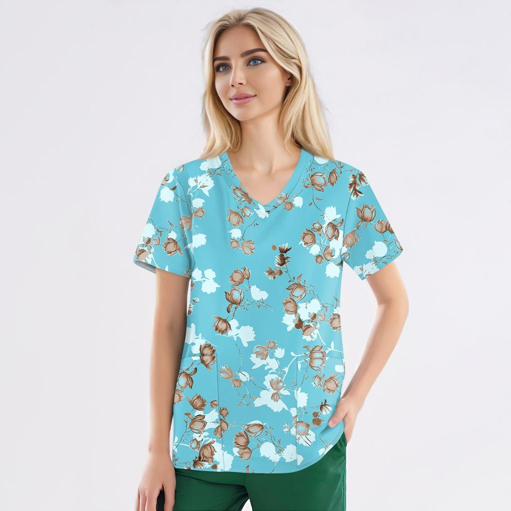 Рабочая форма больших размеров с принтом, топы для женщин, забавные футболки с v-образным вырезом и короткими рукавами, рабочая одежда, футболка с карманами
