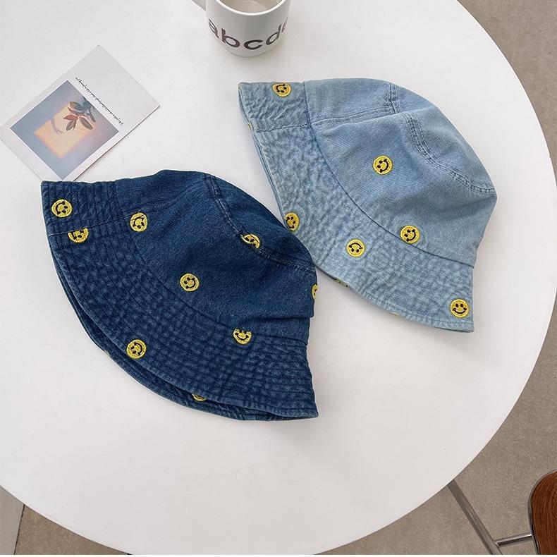 Simple Cartoon Embroidered Denim Bucket Hat Women Harajuku Retro Basin Hat Spring and Summer Sun Protection Visor Men