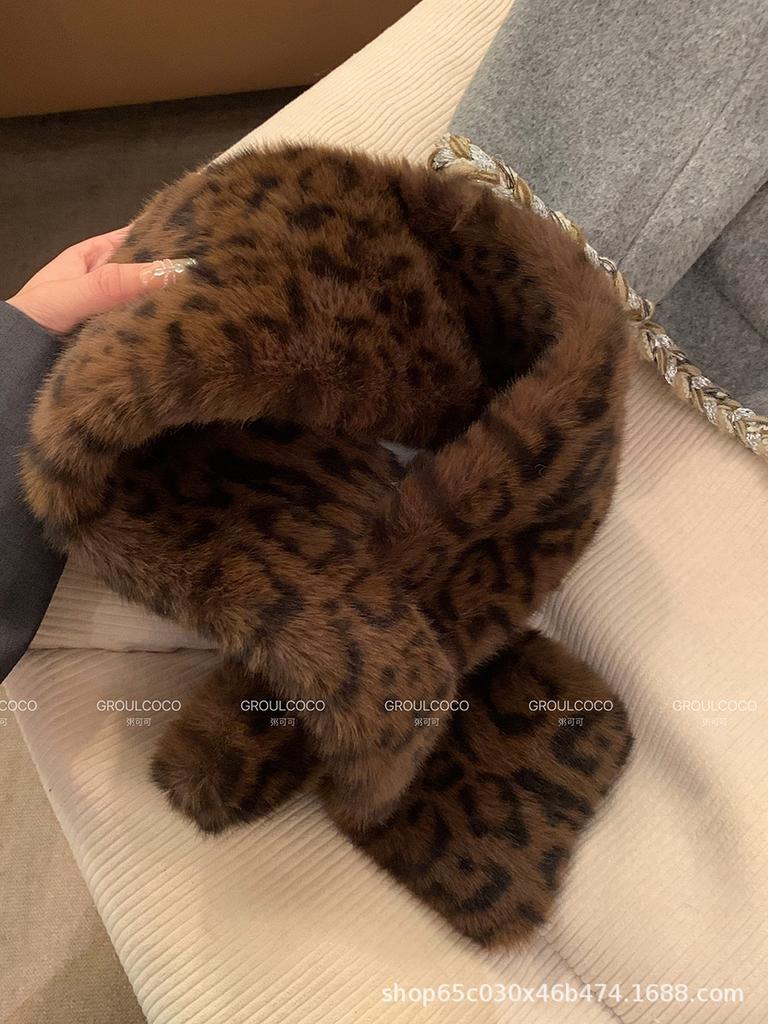 Leopard Print Mongolian Hat Plush Bear Hat Women's Autumn and Winter Imitation Mink Bucket Hat Versatile Scarf Scarf