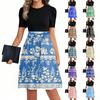 Women's Fashionable Casual Belt Short Sleeved Round Neck Printed Patchwork Dress