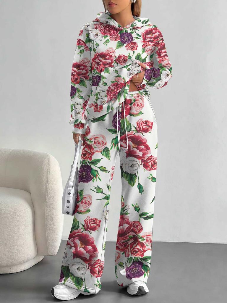 European And American Autumn And Winter Casual Long-Sleeved Suit Women'S Hooded Sweater Trousers Two-Piece Set Retro Elements