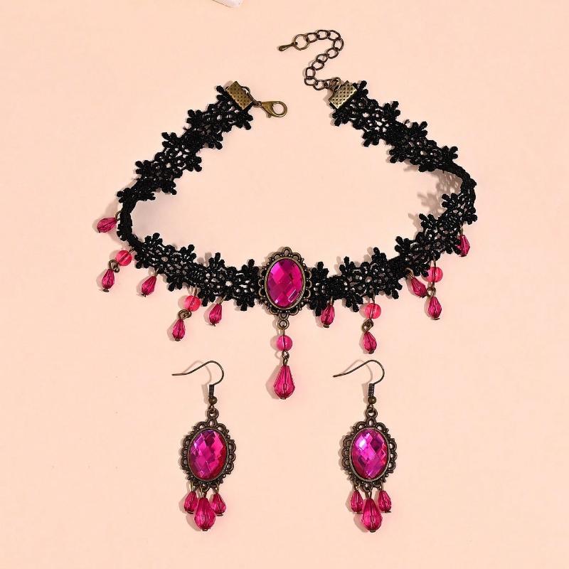 1 комплект серег-подвесок с кисточками из страз в темном готическом стиле и ожерелье, винтажные богемные кружевные серьги-подвески на цепочке