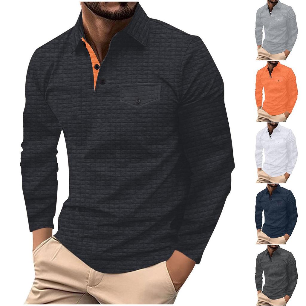Men's Long-Sleeve Plaid Polo Shirt with Button Pocket