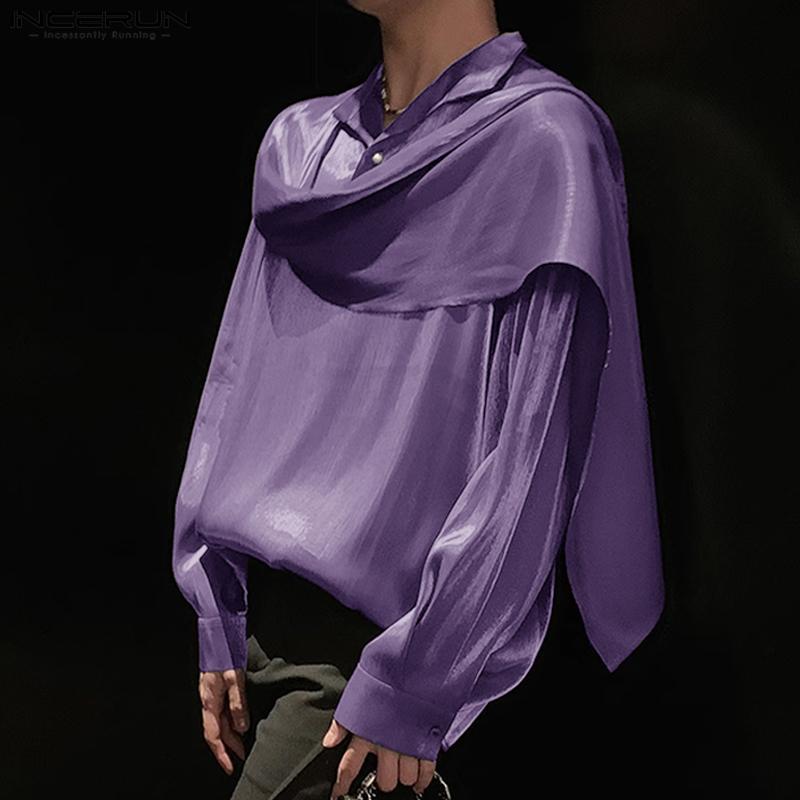 INCERUN Мужские рубашки с длинным рукавом и блестками на плечах, свободные топы