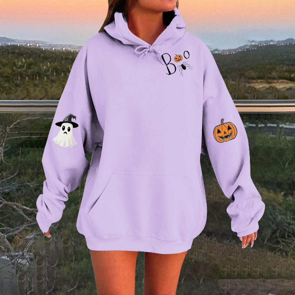 Женский однотонный пуловер с длинным рукавом, капюшоном и повседневным принтом на Хэллоуин