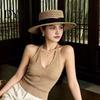 Elegant Vintage Sun Hat Women Straw Hat, with Satin Ribbon Decor, Wide Brim Foldable Travel Beach Breathable Flat Top for Summer Vacation Cap