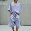 Two Piece Suit Summer Men Short Sleeve Front Cross Shirts Bandage Pants Outfits Sets