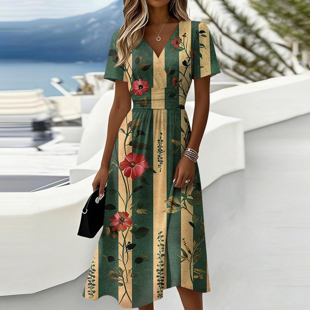 Женское цветочное повседневное модное короткорукавное платье с V-образным вырезом