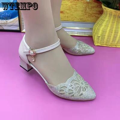 Модные женские сандалии с острым носком, на мягкой подошве, на среднем каблуке, удобные и универсальные, элегантные, дышащие высокие каблуки с пряжкой со стразами