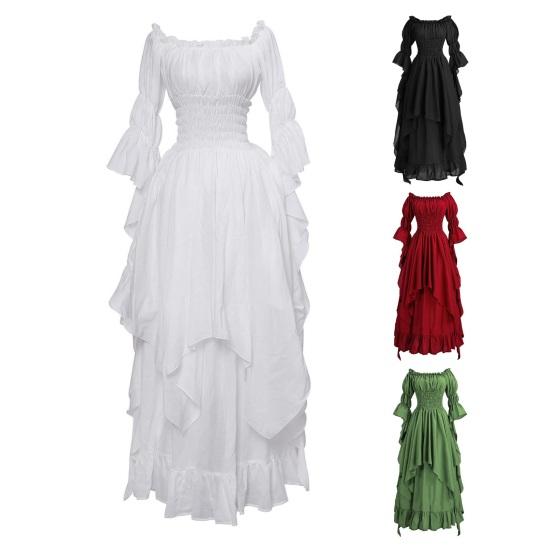 Women Ball Gown Off Shoulder Gothic Long Horn Sleeves Irregular Layered Pleated Elastic Tight Waist Solid Color Retro Renaissance Princess Dress