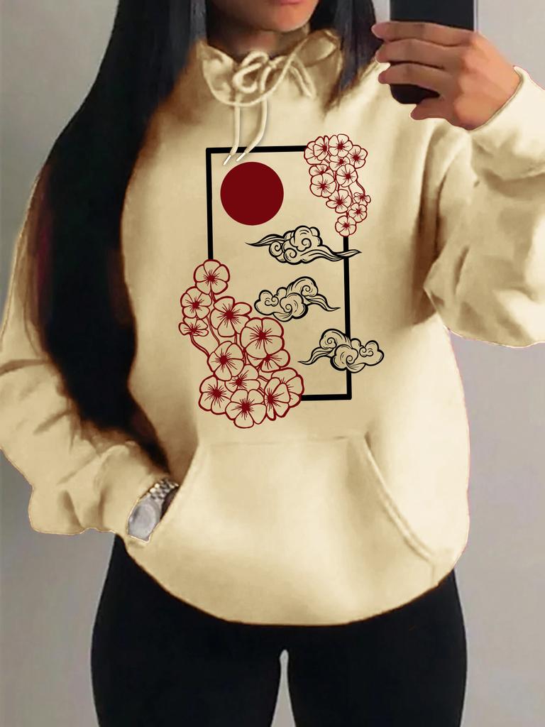 Harajuku Japanese Sunset Cherry Blossom Print Hoodie Women's Autumn Pocket Loose Clothing Casual Pullover Y2K Hoodie Women Top