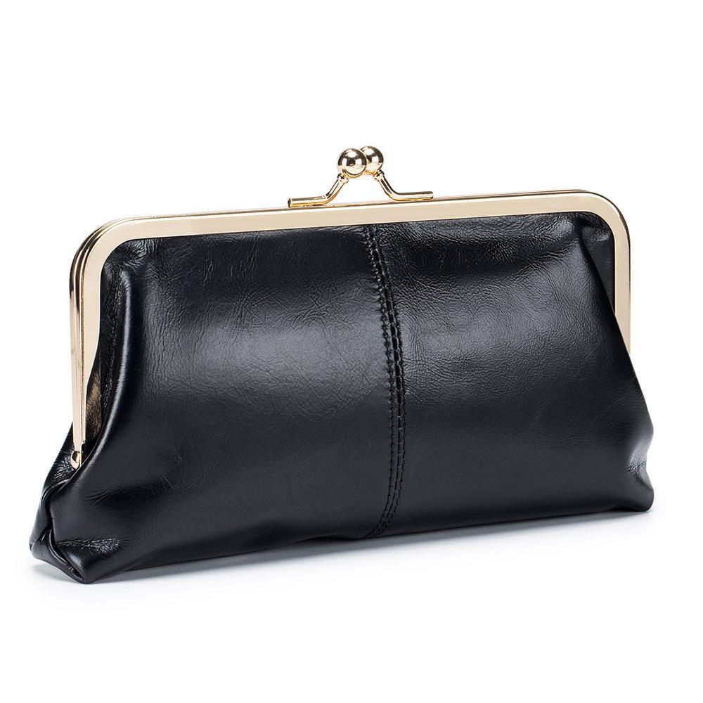 Women's Retro Long Genuine Leather Wallet Handbag - Large Capacity, Waxed Gold Clip Style