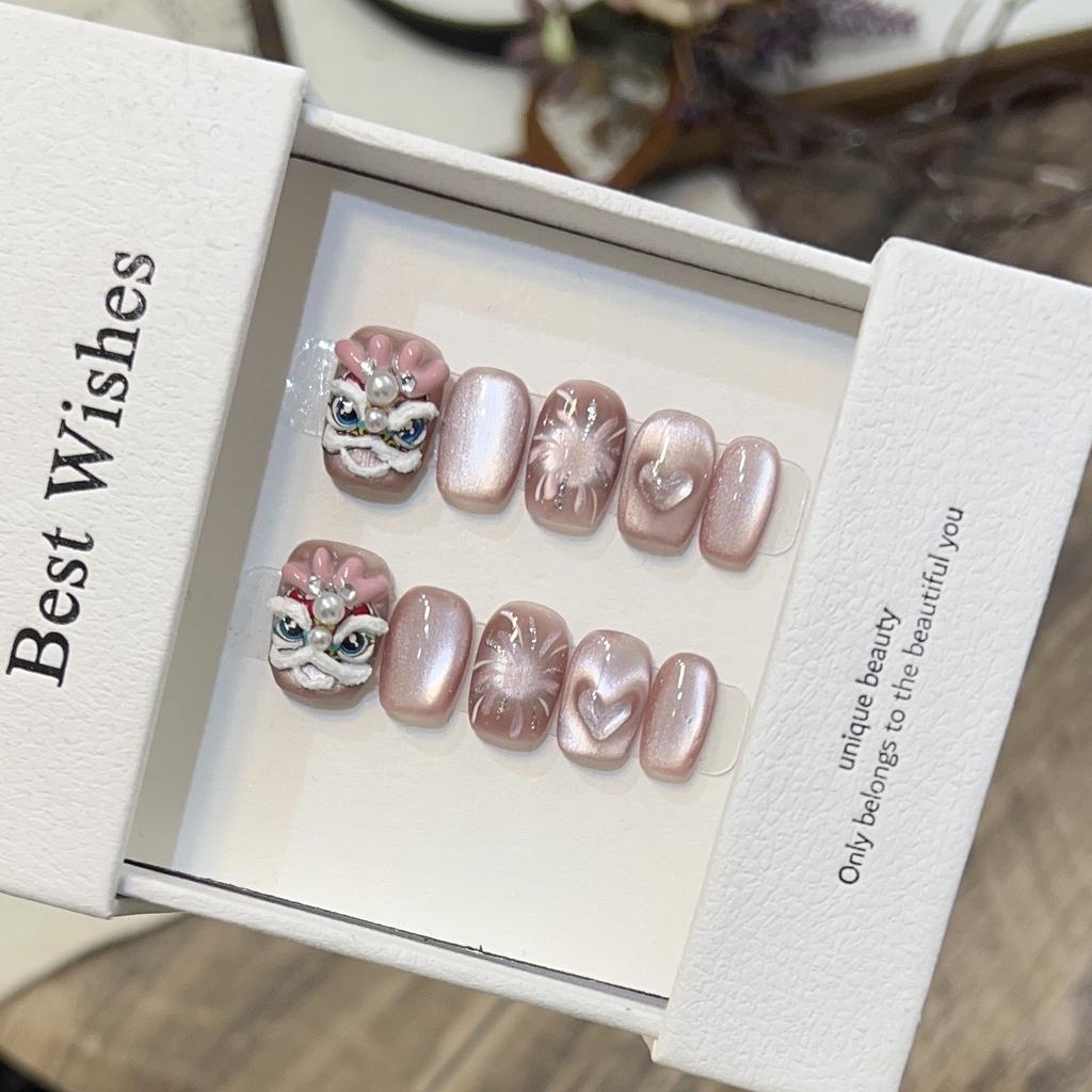 Pure Handmade Short Wear Armor with High-end Cat Eye Nail Art Cute Dragon Horn Lion Fireworks Cat Eye Removable Nail Piece