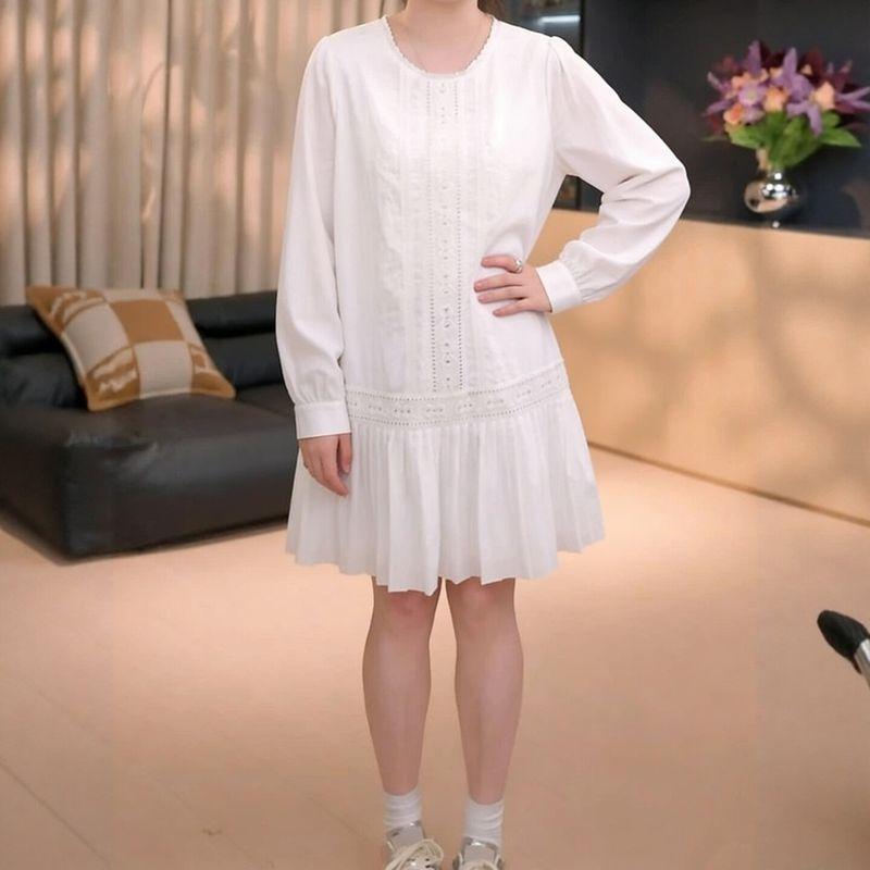 Plus-Size Women's Korean-Style Round-Neck Lace Hollow-Out Long-Sleeve Dress 2026 Spring Elegant Versatile Dress