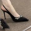 Luxury Pointed Toe Rhinestone Decoration Heeled Sandals Summer Sexy Thin High Heels for Women Elegant Banquet Wedding Pumps Shoe