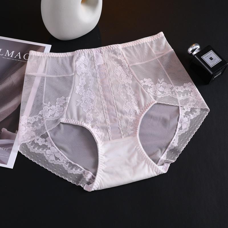 Women's Summer New Chinese Light Luxury Sexy Satin Soft Lace Traceless Breathable Mid Waist Panties