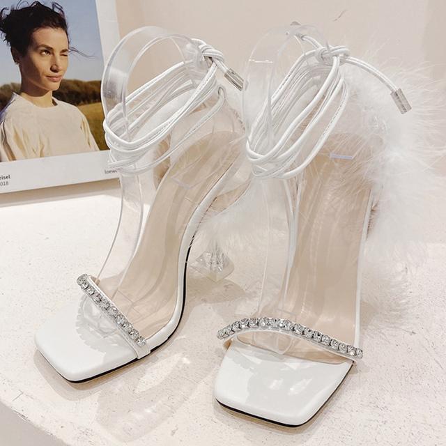 Liyke/Новый дизайн, женские сандалии со стразами, модные летние прозрачные туфли на высоком каблуке с нечеткими перьями, пикантные вечерние туфли для банкетов, сине-белые