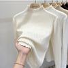 Women's White Half Turtleneck Knitted Sweater with Wheat and Wood Ear Detailing - Perfect for Spring, Autumn, and Winter Layers