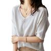 Летний крой и вязка 2XL [Bolan Verl] вязаный, сшитый, V-образный вырез, рукав 5/8, топ, чистый, простой, однотонный, весна, лето, осень, женский, свободный, прозрачный, белый,