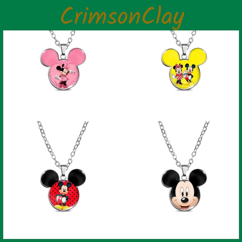 Vintage Mickey Minnie Cartoon Style Necklace With Retro Gemstone Pendant For Unique Fashion