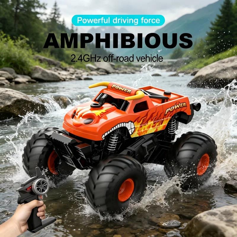 Амфибия RC Монстр-трак, Внедорожный Автомобиль 2.4ГГц с Распылением Тумана, Вращение на 360°, Водонепроницаемый, Встает на Колеса в 1 Клик для Детей