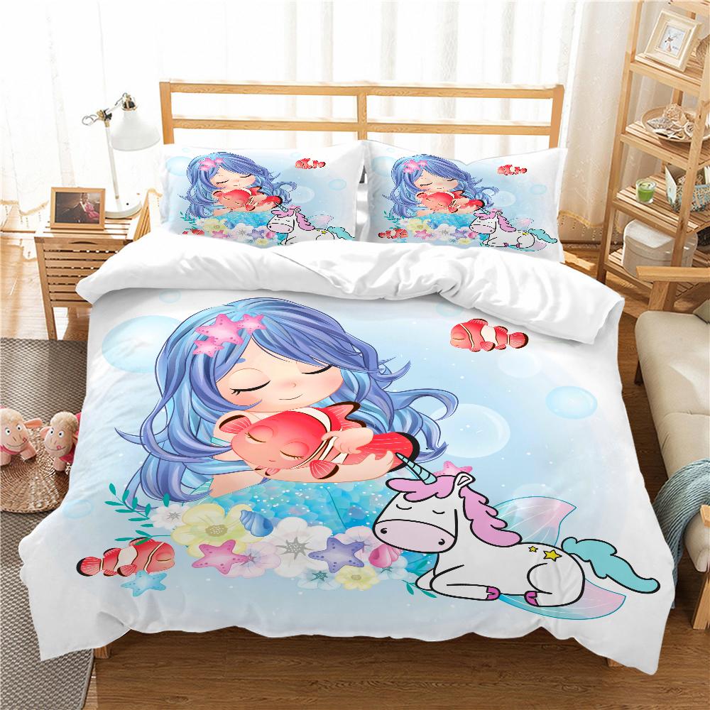 Mermaid Bedding 3D Girl Princess Room Duvet Cover Pillowcase 2/3pcs Single/double Bed Full-size Home Textile Girl Woman Gift